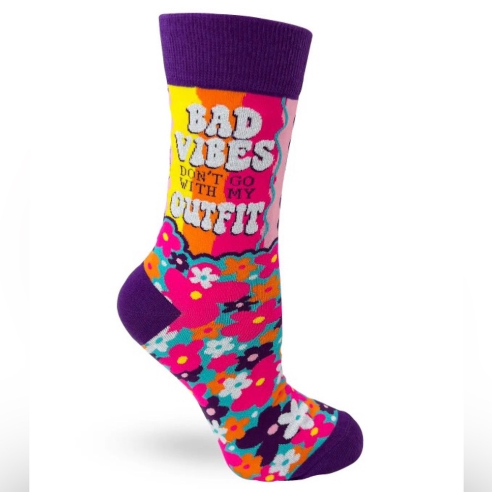 •Outfit First, Bad Vibes Never• Colorful Floral Novelty Crew Socks - Picture 3 of 3